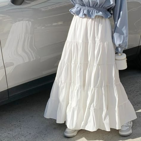 MIKIGA - Elastic Waist Tiered Maxi Skirt | YesStyle Tired Maxi Skirt, Maxi Skirt Cottagecore, Long Frill Skirt Outfit, Hijab Maxi Skirt, Styling Maxi Skirt Summer, Cute Long Skirt Outfits For Summer, White Skirt Maxi, White Long Skirts, Japanese Maxi Skirt Outfit