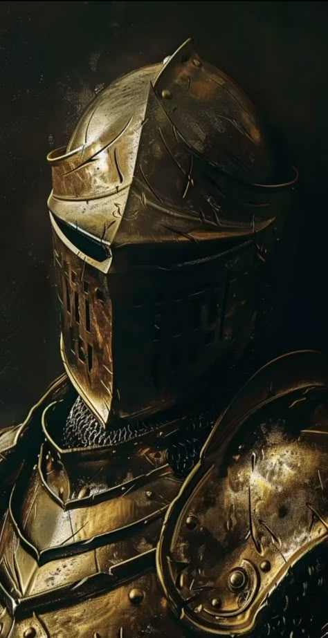 Golden Knight Aesthetic, Golden Knight Art, Knight With Hammer, Welsh Knight, Black And Gold Knight, Cool Knight Armor, Battlefield Aesthetic, Medieval Knight Aesthetic, Aesthetic Knight