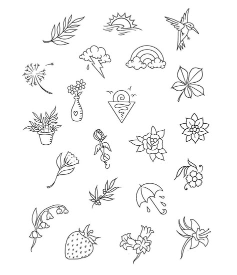 Simple Nature Tattoo Ideas, Tattoos For Patchwork, Plant Flash Tattoo, Tiny Plant Tattoo, Easy Simple Tattoos, Tattoo Flash Drawing, Coquette Tattoo, Tattoo Dragonfly, Flower Finger Tattoos