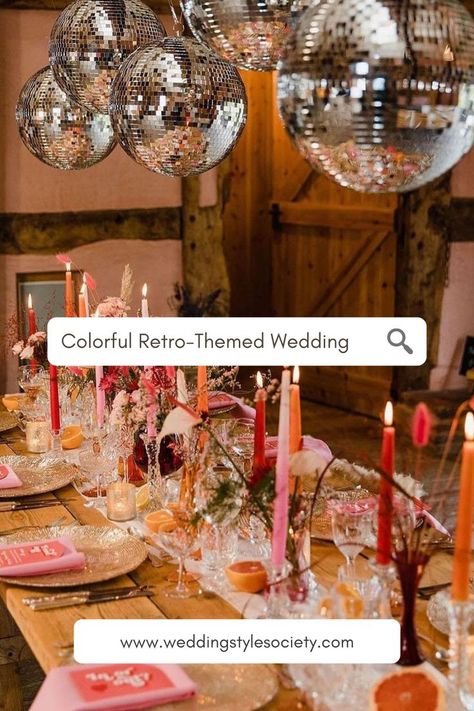 If there is one wedding theme that we would say “yes” to, any day of the week, it’s a retro or ‘70s theme. Famous for bell-bottoms and the rise of disco, this decade was for the fun-loving and wild-at-heart. If you’ve been considering a colorful retro-themed wedding, then let us help convince you. Get inspired by some of our favorite groovy details fitting for a retro-theme wedding, including color palettes and vintage decor. Retro Orange Wedding, Boho Disco Wedding Decor, Funky Vintage Wedding, 70s Wedding Decorations, Groovy Wedding Aesthetic, Disco Themed Dinner Party, Citrus Disco Wedding, 70s Theme Wedding Reception, Colorful Retro Themed Wedding