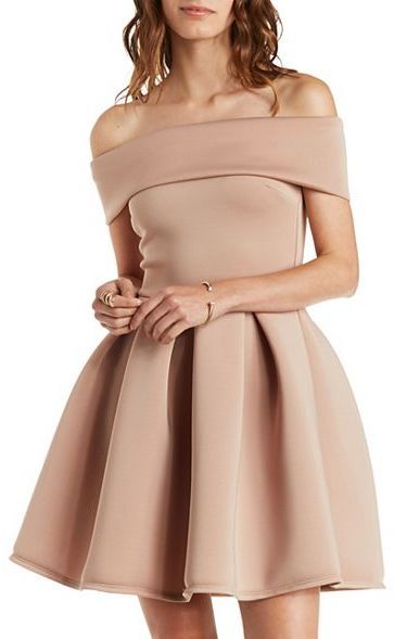 Off-the-Shoulder Pleated Skater Dress Off Shoulder Ruffle Dress, Skater Dress Outfit, Pleated Skater Dress, Frilly Dress, Short Fitted Dress, Knit Skater Dress, Shoulder Ruffle Dress, Frilly Dresses, Nude Dress