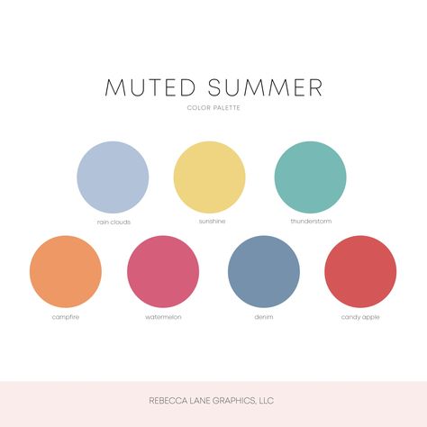 Muted Summer Color Palette – Rebecca Lane Graphics Neutral Summer Palette, Early Summer Color Palette, August Color Palette 2023, Breezy Color Palette, Summer Outfit Color Palette, Summer Nail Palette, Muted Watercolor Palette, 7 Colors Palette, Summer Muted Color Palette