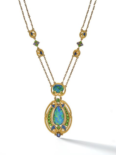 Louis Comfort Tiffany for Tiffany & Co. | An Antique Gold, Black Opal, Demantoid Garnet, Sapphire and Enamel Necklace, Circa 1914. Tiffany Art, Peacock Pendant, Demantoid Garnet, Louis Comfort Tiffany, Round Sapphire, Enamel Necklaces, Belle Epoque, Black Opal, Vintage Jewellery