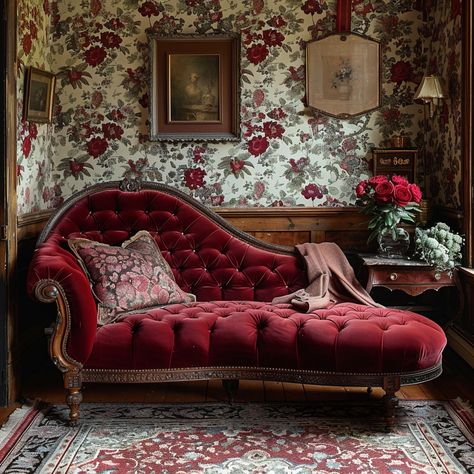 Victorian Sofa Style: An opulent Victorian sitting room with a plush red sofa, exquisite floral wallpaper, and ornate decor. #victorian #sofa #plush #red #floral #aiart #aiphoto #stockcake ⬇️ Download and 📝 Prompt 👉 https://ayr.app/l/6feJ Victorian Couch Makeover, Victorian Mantle Decor, Victorian Parlor Sitting Rooms, Victorian Couch Living Room, Victorian Couches, Victorian Sofas, Couch Design Ideas, French Sofa Vintage, Queens Apartment