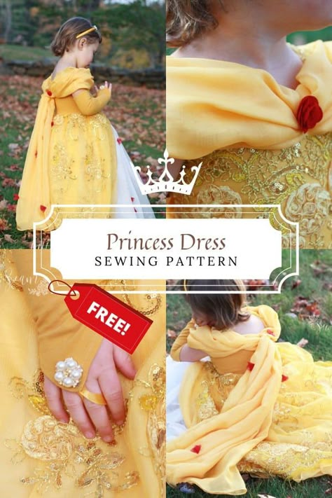 Princess Dress FREE sewing pattern (size 3). Here's your chance to make a Princess Dress for your little one with this Princess Dress FREE sewing pattern (size 3). The Princess Dress in size 3 fits a chest of 21″, a waist of 20.5″, and a height of 38″. The designer, Sew A Little Seam, has also very generously included a free pattern for the gloves. The designer made the dress for her daughter for Halloween. Her daughter wanted to be Princess Belle. #SewModernKids Disney Princess Dress Patterns, Belle Costume Pattern, Toddler Princess Dress Pattern, Princess Dress Sewing Pattern Free, Disney Sewing Patterns, Princess Sewing Pattern, Princess Dress Patterns Free, Princess Dress Sewing Patterns, Dress Up Sewing Patterns