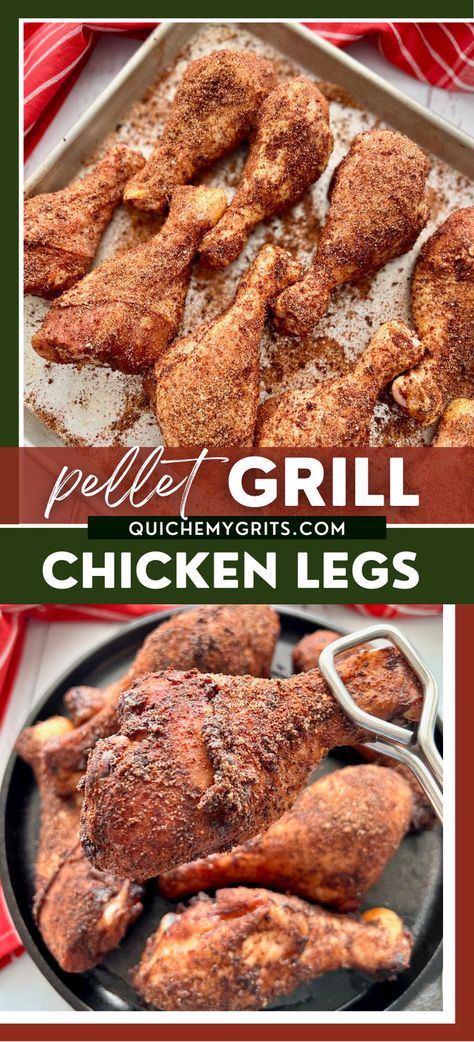 Two graphics depicting pellet grill chicken legs. Pellet Grill Chicken Legs, Traeger Chicken Thighs, Pellet Grill Chicken, Traeger Smoked Chicken, Grill Chicken Thighs, Pellet Grilled Chicken, Smoked Chicken Thighs, Traeger Chicken, Pig Pickin