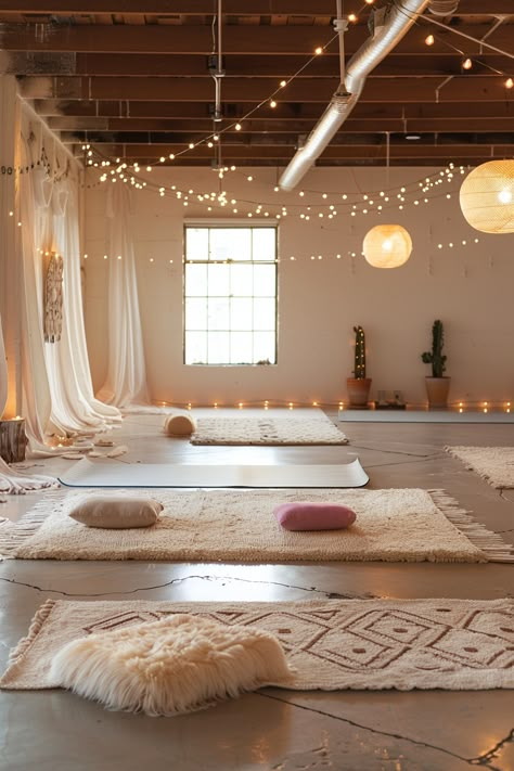 18 Boho Yoga Studio Designs – TastyInteriors Yoga Hammock Home, Garage Into Dance Studio, Yoga Alter Ideas, Yoga Studio Ceiling Ideas, At Home Yoga Studio Design, Yoga Garage Studio, Sound Healing Studio Design, Spiritual Healing Room Ideas, Yoga Studio Garage