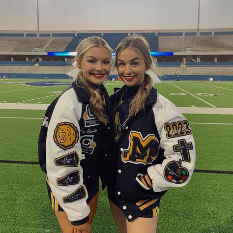 Letterman Jacket Cheerleader, Track Letterman Jacket, Cheerleading Varsity Jacket, Custom Letterman Jacket Ideas, School Varsity Jacket Back Design, Cheer Captain Letterman Jacket, Cheerleader Letterman Jacket, Cheerleading Letterman Jackets, School Varsity Jacket