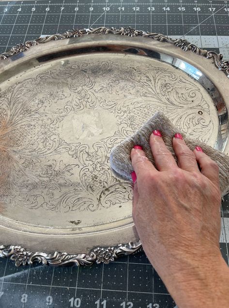 Decorating Silver Trays, Silver Tray Display Ideas, Silver Tray Crafts, Painting Silver Trays With Chalk Paint, Antique Silver Tray Decor Ideas, Paint Silver Plated Tray, Silver Platter Centerpiece, Decoupage Silver Trays, Vintage Silver Plate Decor