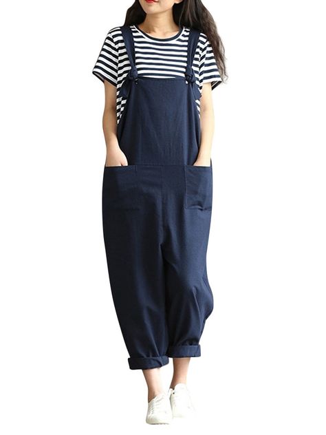 Casual Solid Strap Pocket Jumpsuit Trousers Overalls For Women Asos Jumpsuit, Jumpsuit Vintage, Overalls Casual, Linen Overalls, Sleeveless Romper Jumpsuits, Pocket Jumpsuit, Jumpsuit Casual, Solid Jumpsuit, Loose Jumpsuit