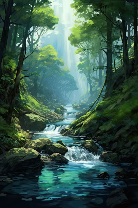 River Landscape Drawing, River Painting Easy, River Landscape Painting, Forest River Drawing, Fantasy River Art, River Illustration, Forest With River Painting, Enchanted River, River Drawing