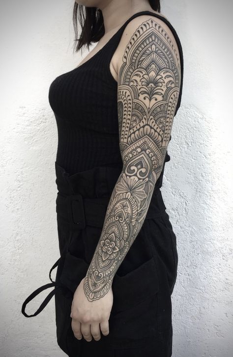 maddalena-tattoo-artist-arm-sleeve-ornamental Ornamental Arm Sleeve, Ornamental Sleeve Tattoos For Women, Ornamental Tattoo Sleeve Women, Ornamental Tattoo Design Sleeve, Ornamental Sleeve, Forearm Ornamental Tattoo, Arm Shoulder Tattoo, Arm Sleeve Tattoo Ideas, Black Mandala Tattoo