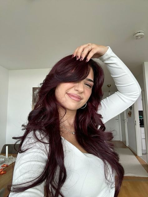 Long Burgundy Hair With Layers, Haircuts For Long Red Hair, Cherry Cola Shades Eq, Sangria Red Hair, Red Hair In The Sun, Cherry Red Cola Hair, Red Hair Gloss On Brown Hair, Long Cherry Red Hair, Cherry Red Hair Outfits