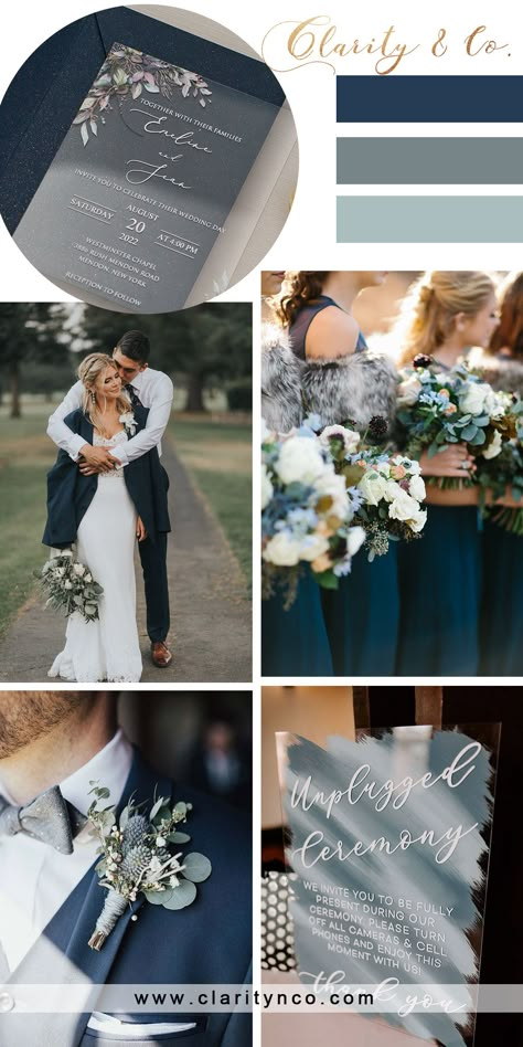 January Wedding Colors, Wedding Colors Winter, Wedding Color Schemes Blue, Winter Wedding Color Palette, Dark Blue Wedding, Wedding Theme Color Schemes, Blue Winter Wedding, Wedding Color Pallet, February Wedding