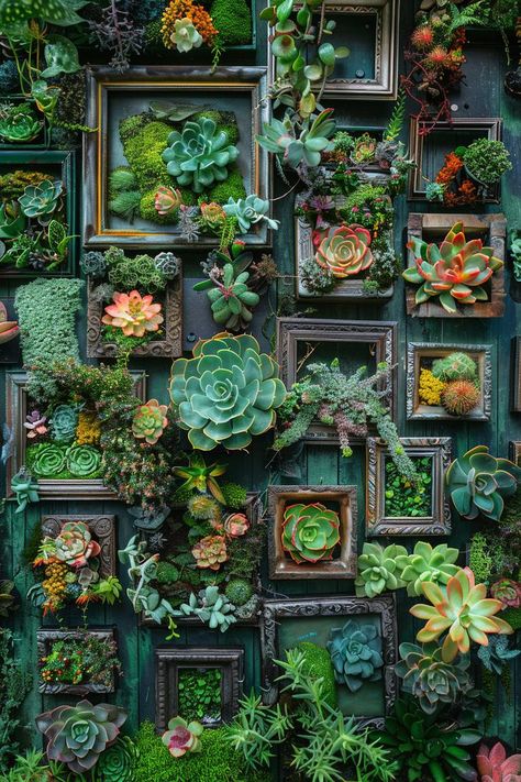 Succulent Arrangements Outdoor Garden, Succulent Display Ideas Outdoors, Flower Wall Garden, Whimsical Garden Ideas, Garden Wall Ideas, Garden Aesthetics, Succulent Frame, Creative Garden Decor, Colorful Planters