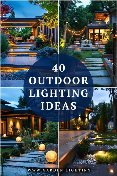 a collage of photos of outdoor lighting ideas Outdoor Front Yard Lighting Ideas, Outdoor Driveway Lighting Ideas, Outdoor Garden Lights Ideas, Lighting For Outdoor Patio, Outdoor Living Lighting Ideas, Lighting For Decks And Patios, Backyard Outdoor Lighting, Outdoor Yard Lighting Ideas, Pool Landscaping Lighting Ideas