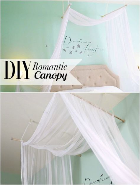 Sleep in Absolute Luxury with these 23 Gorgeous DIY Bed Canopy Projects - DIY & Crafts Curtain Over Bed, Diy Bed Canopy, Bed Canopy With Lights, Bedroom Art Above Bed, Canopy Over Bed, Diy Drapes, Girls Bed Canopy, Bed Canopies, Bed Drapes