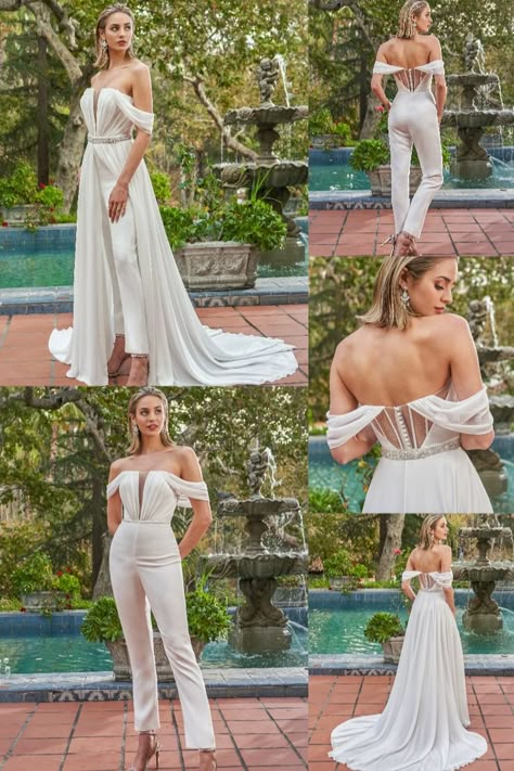 "Kinsley" is a modern day Boho inspired Chiffon and Stretch Crepe jumpsuit with a detachable overskirt to create that perfect 2-in-1 look. This chic jumpsuit is accented with a beautiful portrait neckline and back peek-a-boo corset. From the aisle to the dance floor, this 2-in-1 beauty is everything you need. Wedding Jumpsuit With Train, Wedding Jumpsuit With Skirt, Wedding Dress Into Jumpsuit, Modern Day Bride, Bridal Jumpsuit The Bride With Skirt, Boho Jumpsuit Wedding, Bridal Jumpsuit With Skirt, Chic Jumpsuit, Black Wedding Pantsuit The Bride