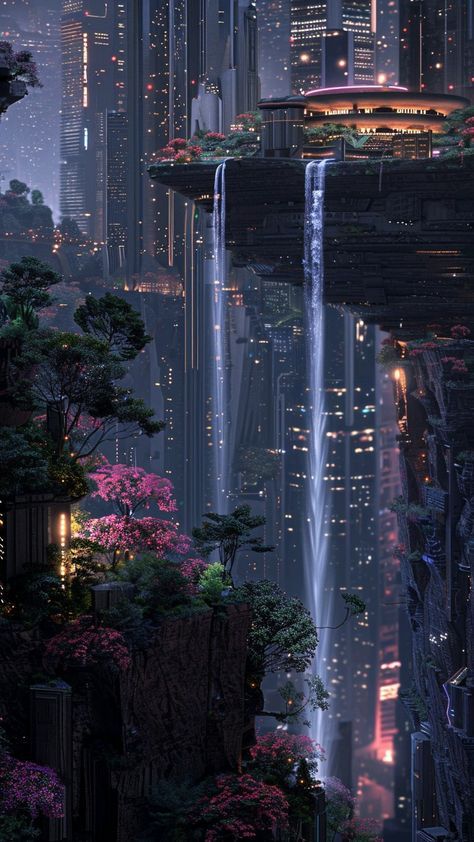 Sci Fi City Landscape, Cyberpunk Nature Aesthetic, Futuristic Academia Aesthetic, Sci Fi Kingdom, Sci Fi Setting, Futuristic Asian City, Magic City Aesthetic, Cyberpunk World Art, Futuristic Building Architecture