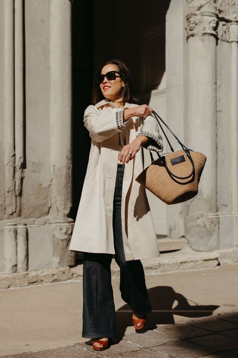 How To Wear A Trench Coat The French Way | La Vie On Grand Women's French Chic Style, Summer Paris Outfits, Denim Basket, French Wardrobe Basics, Parisian Chic Outfits, French Chic Style, Paris Outfit Ideas, French Clothing Brands, French Chic Fashion