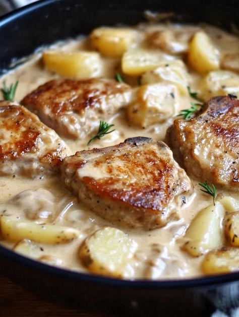 Creamy Pork Chops and Potatoes 2 Creamy Pork Chops And Potatoes, Pork Tenderloin Chops, Creamy Pork Chops, Whats For Supper, Pork Chop Dishes, Pumpkin Bundt, Pork Crockpot Recipes, Pork Chops And Potatoes, Paleo Pork