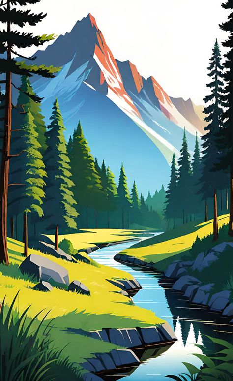 Nature landscape illustration Anime Landscape Illustration, Camping Scene Illustration, 2d Landscape Illustration, Simple Landscape Illustration, Nature Illustration Landscapes, Vector Landscape Illustration, Adventure Graphic Design, Procreate Landscape, Nature Illustration Art