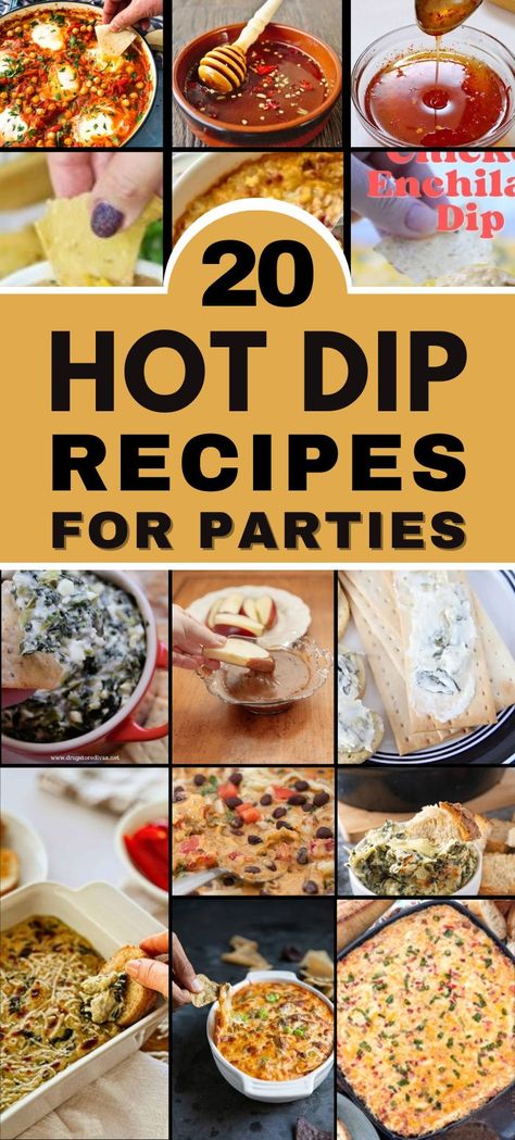 A collage image of hot dips for parties. The text overlay reads "20 hot dip recipes". The image represents hot dip ideas, warm dips, party dips warm, easy warm dips, warm dip recipes, warm appetizer dips, best hot dips, hot chip dips, best warm dips, easy warm dips recipes, hot appetizer dips, warm dips for parties, 
hot dips for parties appetizers, appetizer recipes,  Appetizer Dip Recipes Easy, Easy Savory Dip Recipes, Best Savory Dips, Easy Delicious Dip Recipes, Great Dips Recipes Dips That Go With Burgers, Hot Veggie Dip, Easy Hot Dips For A Party, Best Dip Appetizers, Best Dips Ever, Good Dips Recipes, Appetizers Dips For Party, Warm Dips Recipes, Warm Chip Dip