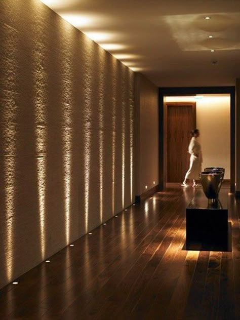 Corridor Accent Wall, Floor Lights Hallway, Floor Lighting Hallway, Lights In Flooring, Lighting Wall Design, Interior House Lighting, Wall Lights On Brick Wall, In Floor Lighting, Ceiling Accent Lighting