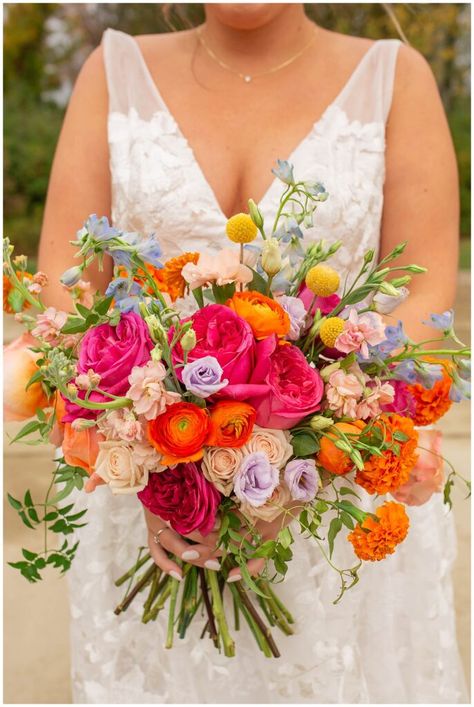 Daniel's Vineyard Colorful Fall Wedding » Monica Brown Photography Orange Peach Purple Wedding, Bright Fall Bouquet, Colorful October Wedding, Sunset Color Bouquet, Colorful Fall Wedding Bouquet, Early Fall Wedding Ideas, Colorful Bridal Bouquet Fall, Bright Fall Wedding Color Palette, Colorful Fall Bouquet