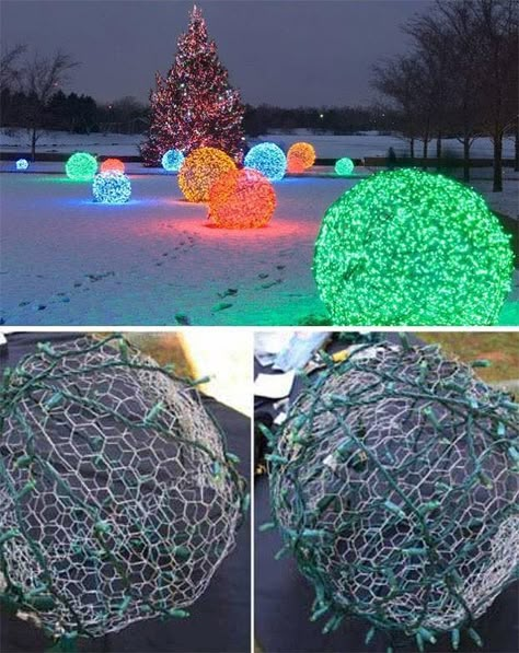 Chicken Wire Diy, Diy Christmas Ball, Outdoor Christmas Diy, Diy Christmas Lights, Wire Diy, Christmas Lights In Living Room, Lights In Living Room, Happy Thanksgiving Quotes, Christmas Decorations Diy Outdoor