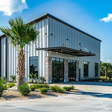 Metal Buildings | Custom Designs | In-House Engineers Metal Building For Business, Metal Commercial Buildings, Industrial Factory Facade Design, Factory Exterior Design, Metal Building Office, Farm Office Building, Metal Office Building, Small Shop Layout, Modern Commercial Building Exterior