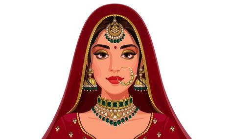 Beautiful indian bride portrait | Premium Vector #Freepik #vector #wedding #gold #people #woman Indian Bride Portrait, Bride Illustration, Bride Cartoon, Wedding Couple Cartoon, Indian Illustration, Indian Pictures, Fashion Illustration Sketches Dresses, Mandala Art Lesson, Female Art Painting