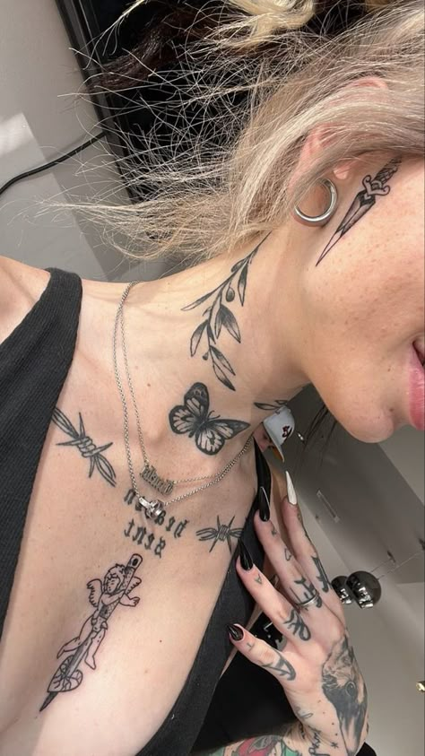 Neck Tattoo Women Throat, Butterfly Tattoo On Front Neck, Female Sideburn Tattoo, Delicate Throat Tattoos Women, Insect Neck Tattoo, Chest And Throat Tattoo Female, Edgy Neck Tattoo, Linework Neck Tattoo, Face Tats Women