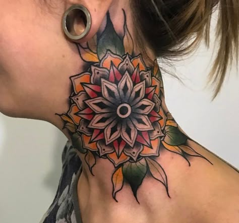 Color Neck Mandala Mandala Neck Tattoo, Mandala Arm Tattoo, Mandala Tattoo Back, Flower Neck Tattoo, Dotwork Tattoo Mandala, Front Neck Tattoo, Line Art Tattoos Men, Tattoos Men Leg, Art Tattoos Men