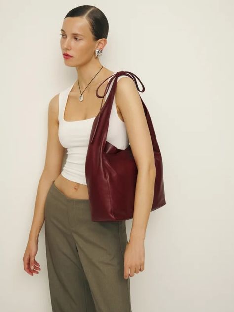 Best of Ref - Shop Favorites | Reformation Reformation Vittoria Tote, Reformation Vittoria Bag, Slouchy Brown Leather Bag, Slouchy Bag Outfit, Slouchy Leather Bag, Reformation Bag, Brown Summer Outfits, Leather Tote Bag Outfit, Brown Bag Outfit