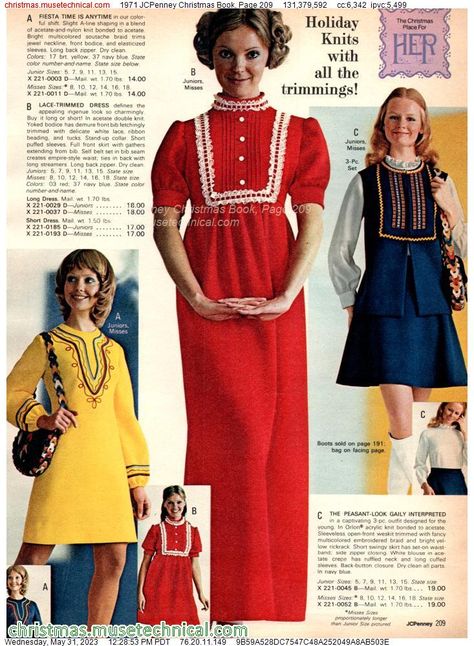 1971 JCPenney Christmas Book, Page 209 - Catalogs & Wishbooks Retro Dress 70s, Jcpenney Catalog, Jcpenney Christmas Catalog, 60s And 70s Fashion, 70s Inspired Fashion, 70s Outfits, Seventies Fashion, Christmas Book, 1970s Fashion