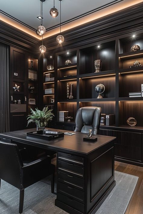 29 Dark Aesthetic Decor Ideas for a Boldly Mysterious Home Atmosphere 3 Ceo Office Aesthetic, Modern Dark Office, Dark Office Aesthetic, Dark Home Office, Advocate Office, Aesthetic Decor Ideas, Dark Office, Executive Office Design, Moody Office