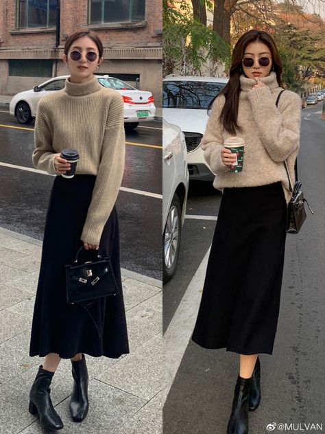 Japan Work Outfit Women, Hongkong Winter Outfit Ideas, Hongkong Outfit Travel Winter, Sweater Midi Skirt Outfit, Hanoi Outfit, Japan Outfits Spring, Japan Fall Outfit, Korea Winter Fashion, Korean Autumn Outfit