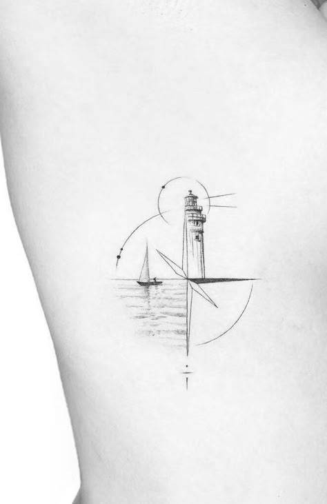 Pheonix Minimalistic Tattoo, Lighthouse Small Tattoo, Small Sea Inspired Tattoos, Geometric Sailboat Tattoo, Lighthouse Tattoo Women, Geometric Lighthouse Tattoo, Sailboat And Lighthouse Tattoo, Lighthouse And Compass Tattoo, Lighthouse Compass Tattoo