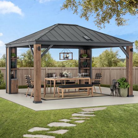 Sunjoy SummerCove Elmgrove 12 ft. x 14 ft. Solar Powered Hardtop Gazebo with LED Lighting & Bluetooth Sound | Wayfair Diy Gazebo Ideas, Gazebo Ideas, Outdoor Structure, Grill Gazebo, Hardtop Gazebo, Backyard Gazebo, Backyard Pavilion, Outdoor Gazebos, Gazebo Pergola