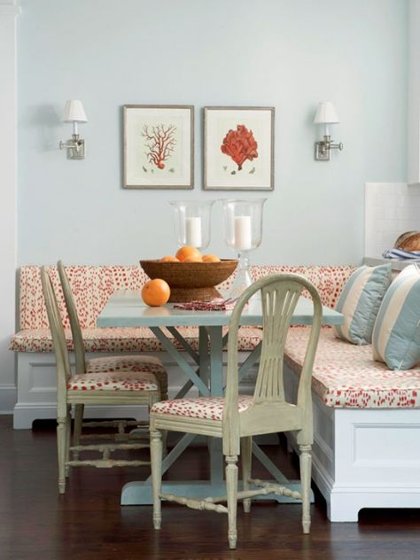 BH&G coral and blue banquette Dining Banquette Bench, Booth Seating In Kitchen, Banquette Ideas, Banquette Seating In Kitchen, Upholstered Banquette, Built In Banquette, Kitchen Seating, Farmhouse Side Table, Booth Seating