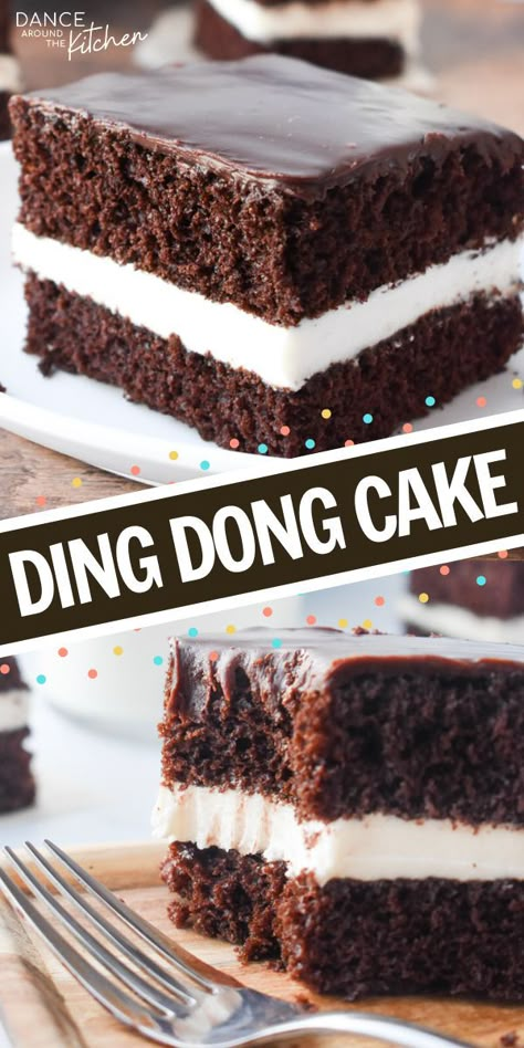 This Ding Dong Cake has chocolate cake layers, a creamy filling and is topped with a chocolate ganache. It’s like eating a Hostess Ding Dong….but better!  #DingDong #ChocolateCake #LayerCake #Cake Ding Dong Cake Recipe, Ding Dong Cake, Recipe With Cream Cheese, Cake Cream, Torte Cupcake, Delicious Cake Recipes, Cake Fillings, Cream Cheese Recipes, Ding Dong