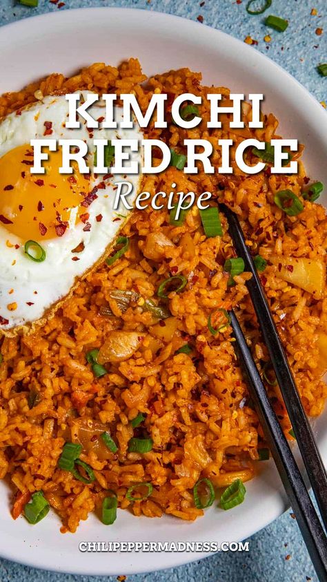 Kimchi Fried Rice in a big white bowl with chopsticks on top. Kimchi Gochujang Recipe, Meals With Kimchi Rice Bowls, Kimchi Fried Rice With Pork Belly, What Do You Eat Kimchi With, Easy Kimchi Fried Rice Recipe, Fried Kimchi Rice, Kim Chee Fried Rice, Kimchee Fried Rice Korean Style, Kim Chee Fried Rice Hawaii