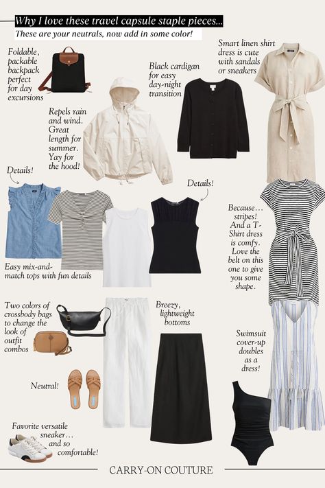 I've found the perfect warm weather staples for your spring and summer travel capsule wardrobes.  I love these pieces because they are neutral, so it will be easy to add in colors and prints, but they also have fun details, a key to making sure your travel capsule wardrobe isn't boring. Travel Staples Wardrobe Basics, Capsule Wardrobe For Humid Weather, Carry On Capsule Wardrobe Summer Europe, One Week Capsule Wardrobe Travel Outfits, Travel Capsule Wardrobe Thailand, Island Vacation Capsule Wardrobe, Shein Capsule Wardrobe, Travel Capsule Wardrobe Spring Italy, Travel Capsule Wardrobe Summer Beach