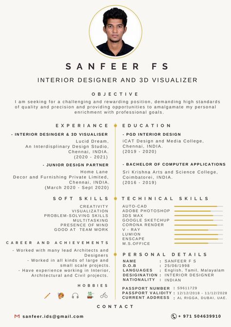 Interior Design and 3D Visualization Resume and Cover Letter by Sanfeer Fs - Issuu Interior Design Cv, Interior Design Resume, Creative Cover Letter, Visual Resume, Architectural Portfolio, L Names, Resume Ideas, Resume And Cover Letter, Resume Design Template