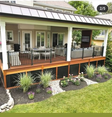 Backyard Patio Length Of House, Camper Porches And Decks, Side Porch Ideas, Mobile Home Landscaping, Manufactured Home Porch, Ipe Deck, Skirting Ideas, Deck Skirting, Covered Patio Design