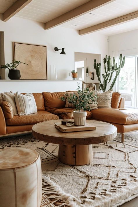 25+ Modern Boho Living Room Ideas for a Trendsetting Home Midcentury Boho Living Room, Modern Boho Apartment, Caramel Leather Sofa, Modern Boho Living Room Ideas, Desert Living Room, Southwestern Living Room, Eclectic Transitional, Cozy Boho Living Room, Tan Sofa