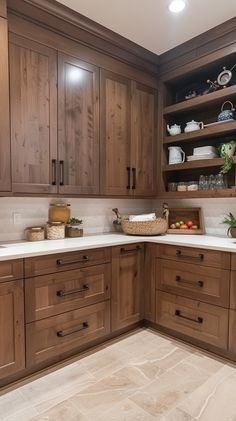 Kitchen Wood Color Cabinets, Painted Cabinets With Wood Countertop, Classic Wood Cabinets Kitchen, Accent Cabinets In Kitchen, Dark Wood Kitchen Inspiration, Wood Cabinets Before And After, Wood Effect Kitchen Cabinets, Paint Colors That Go With Dark Wood Cabinets, Dark Oak Stained Kitchen Cabinets