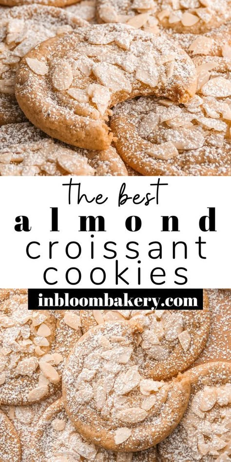 These are the best almond cookies! They're chewy almond cookies with frangipane centers, topped with sliced almonds and a dusting of powdered sugar. They have all the trappings of an almond croissant in cookie form! Mexican Almond Cookies, Almond Pastry Cookies, Chocolate Chip Cookies With Almonds, What Can I Make With Almond Paste, Desserts With Sliced Almonds, Almond Croissant Blondies Recipe, Cookies With Preserves, Italian Almond Horn Cookies, Almond Vanilla Sugar Cookies