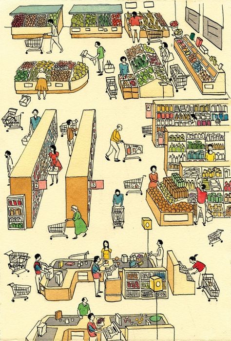 Grocery Illustration Art, Grocery Store Painting, Supermarket Illustration, Vikki Chu, Store Layout, Up Book, Arte Popular, Cute Illustration, Store Design